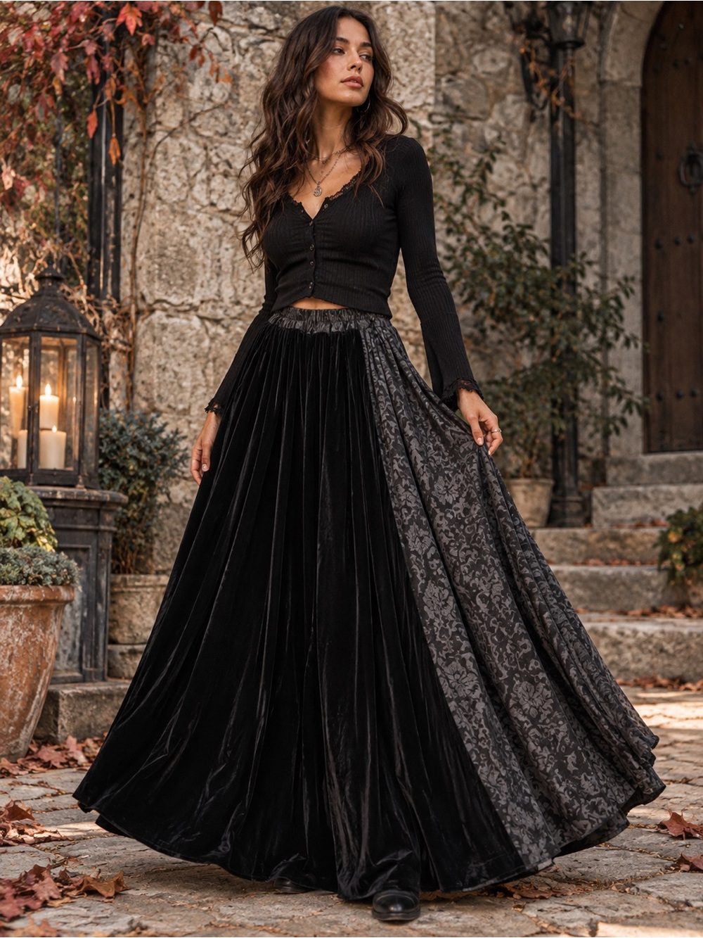 Black Velvet Maxi Skirt Patterned Panel Brocade Draped Gothic Victorian Witchy